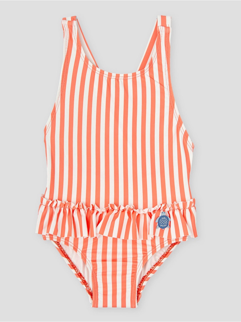 TUTTO PICCOLO Girls Coral and White Striped Ruffle One-Piece Swimsuit